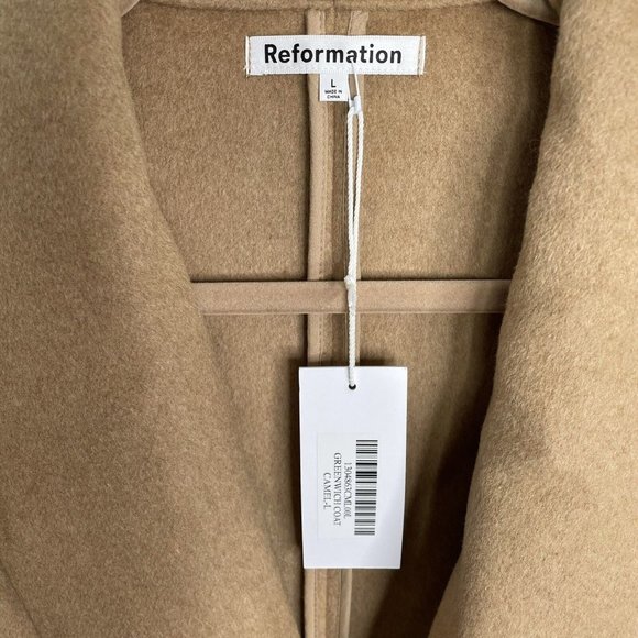 REFORMATION Greenwich Coat Camel L Wool Blend Tan Belted Coat - Picture 7 of 9